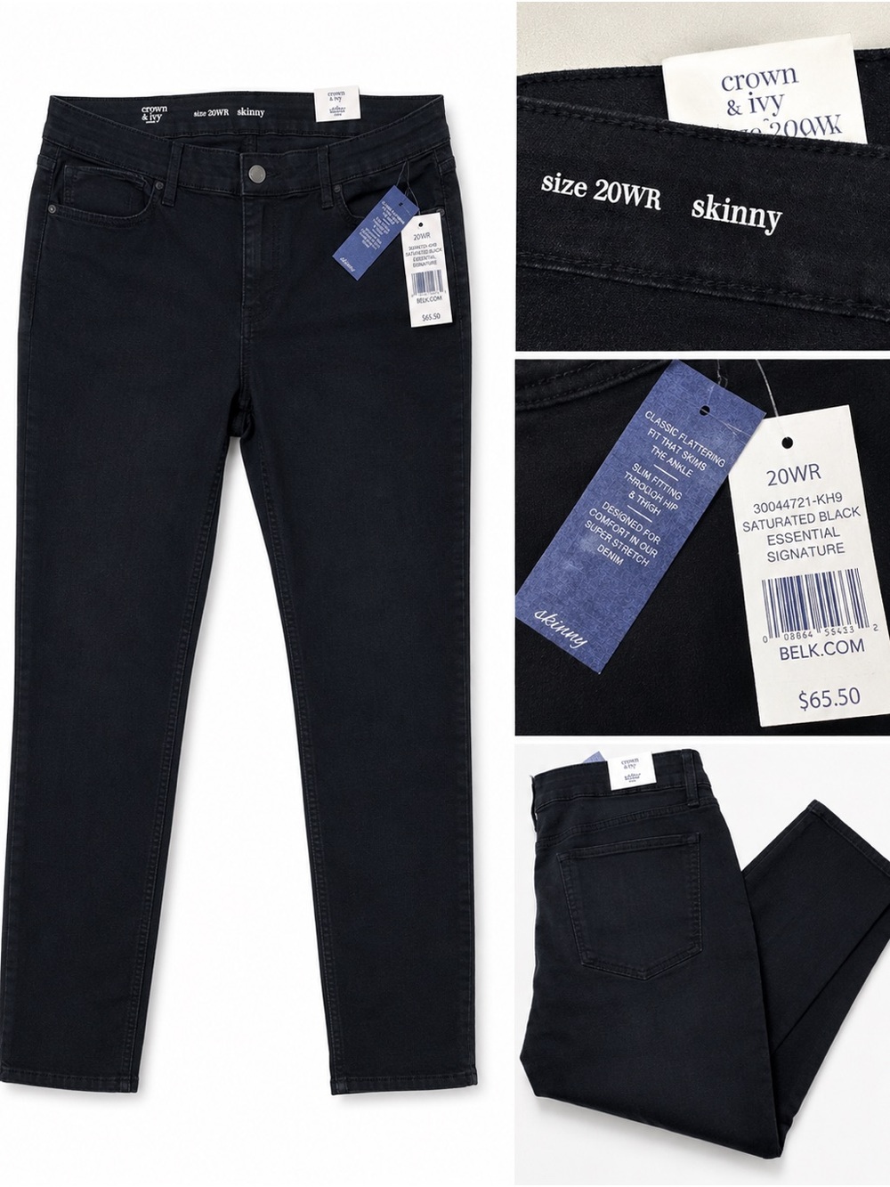NWT Crown & Ivy Skinny Jeans Women’s Plus Size 20WR Black Stretch Denim